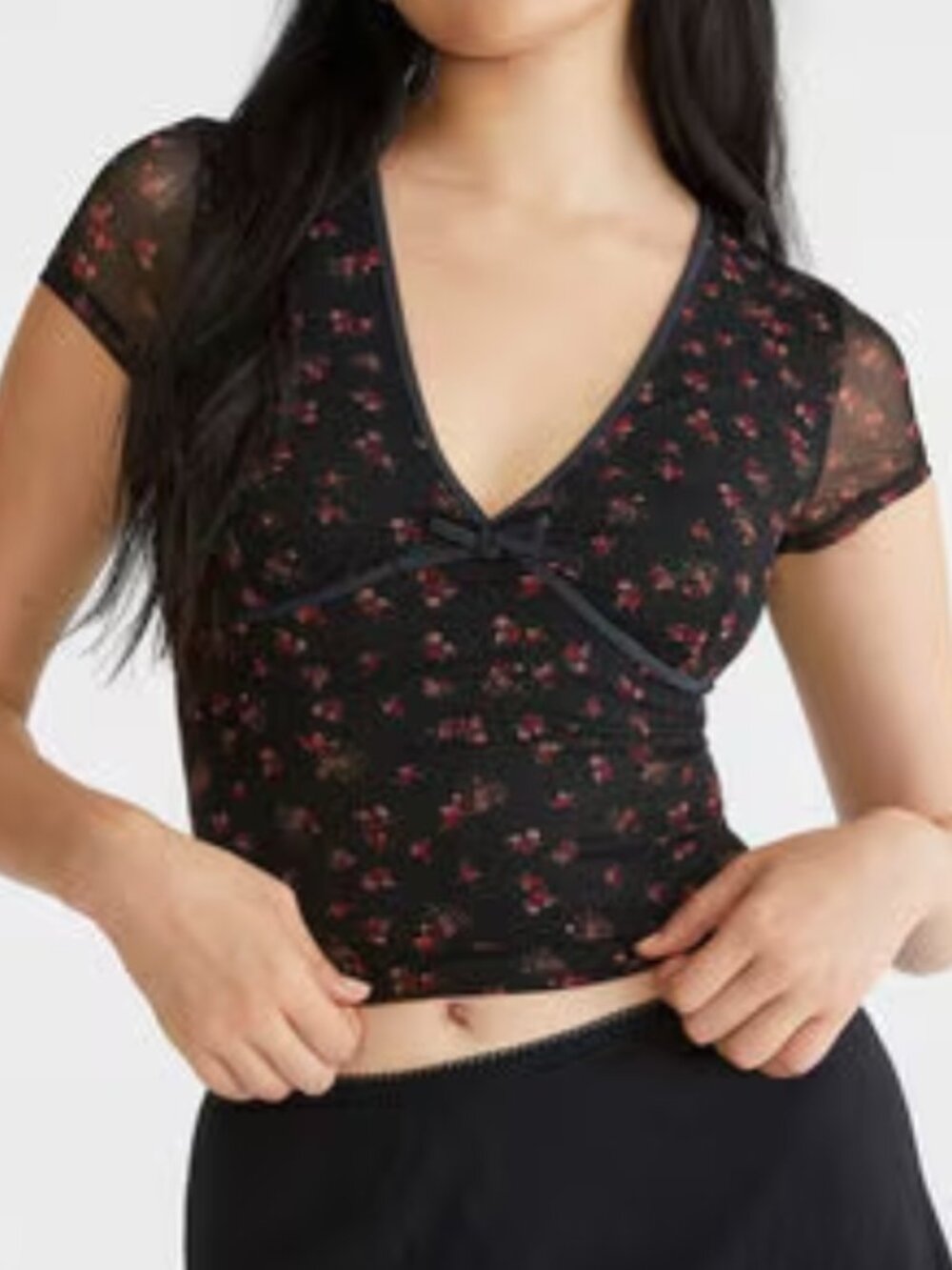 Aeropostale Black Floral Mesh Crop Top - Womens Size 2-4 SMALL *NWT*